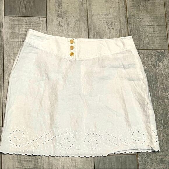 VTG Y2K DKNY White linen EYELET Scalloped Hem Low Waisted mini skirt 10 L - Picture 1 of 7